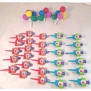 32 Pc. Vintage Plastic Clown Circus Cupcake Picks Cake Toppers Balloons Birthday